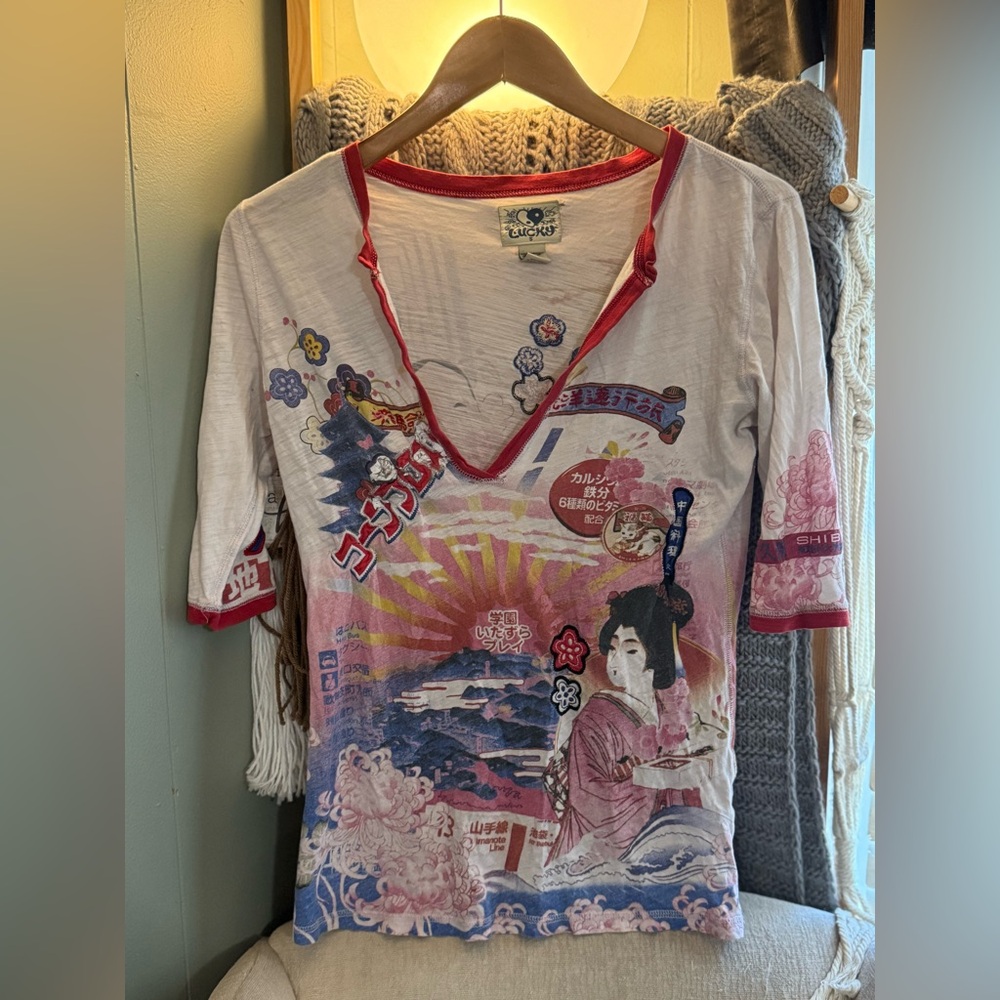 Lucky Asian Y2K Top V Neck Small Vintage